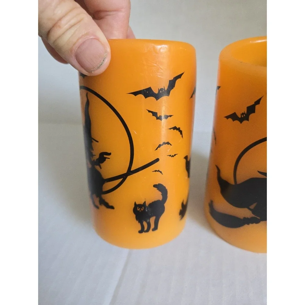 2 Halloween Flameless LED Pillar Candles Orange Black Witch Cat Bats Wax Battey